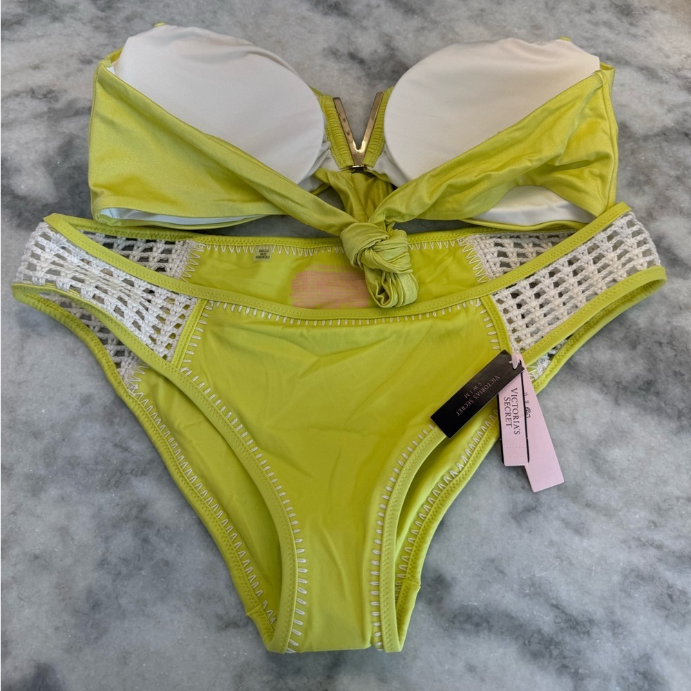 Victoria’s Secret Neon Yellow Bikini XL Crochet Sides Bandeau Top Euro Summer - Picture 3 of 6